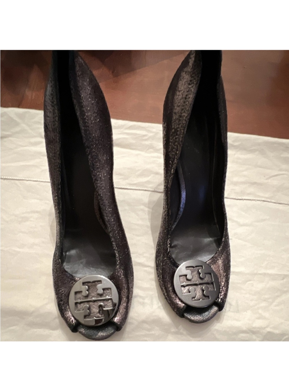 Tory Burch Metallic Pewter Peep-Toe Heels with Logo Medallion